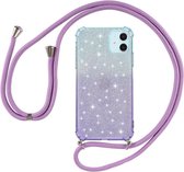 Voor iPhone 11 Pro Gradient Glitter Powder Shockproof TPU beschermhoes met lanyard (groen paars)