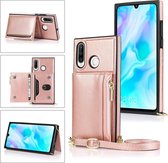 Voor Huawei P30 Lite Vierkante Rits Portemonnee Tas TPU + PU Achterkant Case met Houder & Kaartsleuven & Portemonnee & Cross-body Band (Rose Glod)