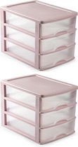2x stuks ladeblok/bureau organizer met 3 lades roze/transparant - L35,5 x B27 x H26 - Opruimen/opbergen laatjes