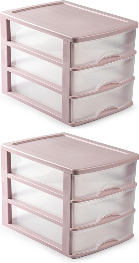 2x caisson à tiroirs / organisateur de bureau 3 tiroirs rose / transparent  - L35,5 x... | bol