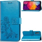 Lucky Clover geperste bloemen patroon lederen tas voor Galaxy A50, met houder & kaartsleuven & portemonnee & draagriem (blauw)