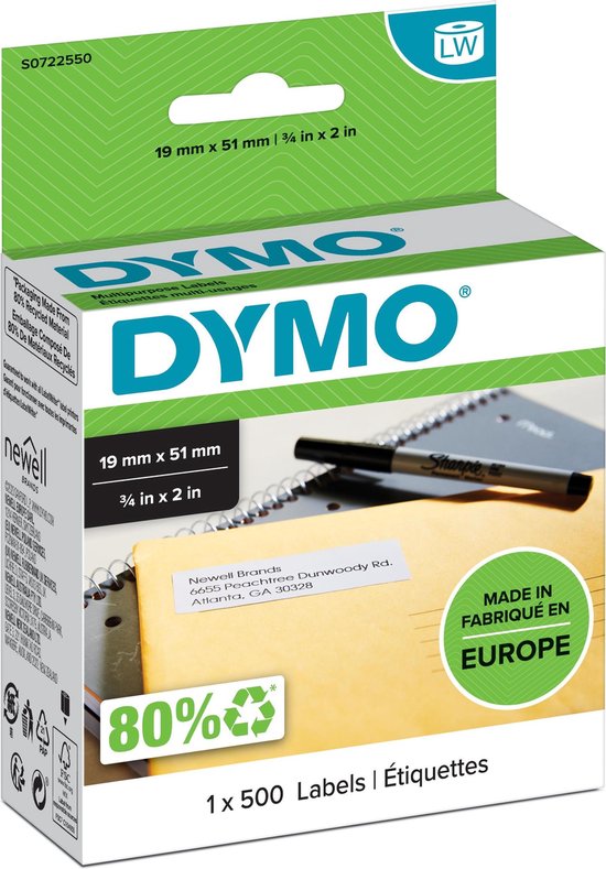 DYMO originele kleine LabelWriter multifunctionele labels | 19 mm x 51 mm | 500 zelfklevende etiketten | Gemakkelijk te verwijderen labels | voor de LabelWriter labelprinters | Gemaakt in Europa