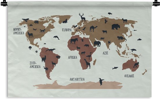 Wandkleed Trendy wereldkaarten - Effen wereldkaart met dieren in flexa kleuren Wandkleed katoen 90x60 cm - Wandtapijt met foto