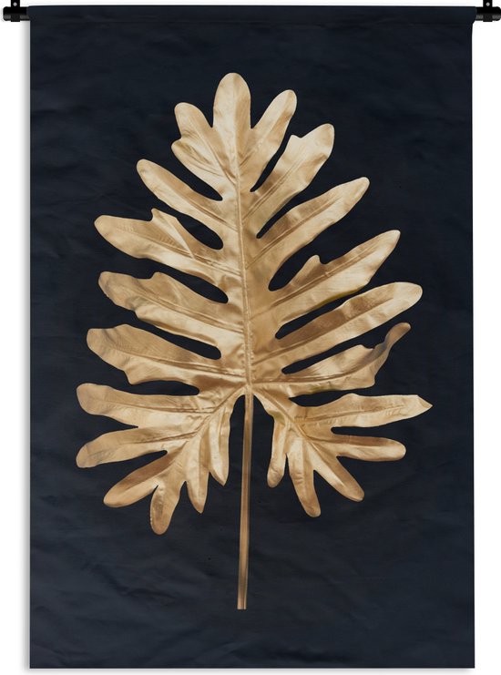 Wandkleed Golden leaves staand - Gouden blad met gaten op een zwarte achtergrond Wandkleed katoen 90x135 cm - Wandtapijt met foto