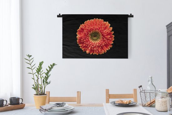Tapisserie Plantes sur fond noir - Une fleur de gerbera orange sur fond noir Tapisserie en coton 90x60 cm - Tapisserie avec photo