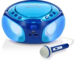 Lenco SCD-650BU - Draagbare cd speler en kinderradio met karaokemicrofoon, USB, FM-radio en disco lichteffecten - Blauw