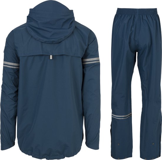 Voor- en achterkant van een blauw regenpak.
