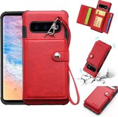 Voor Galaxy S10 schokbestendige pc + TPU-beschermhoes, met kaartsleuven en portemonnee en fotolijst en lanyard (rood)