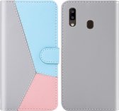 Voor Galaxy A20 Tricolor stiksels Horizontaal Flip TPU + PU lederen tas met houder & kaartsleuven & portemonnee (grijs)