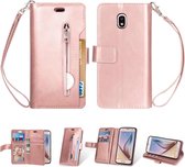 Voor Samsung Galaxy J3 (2018) / Galaxy J7 (2018) Multifunctionele Rits Horizontale Flip Leren Case met Houder & Portemonnee & 9 Kaartsleuven & Lanyard (Rose Goud)