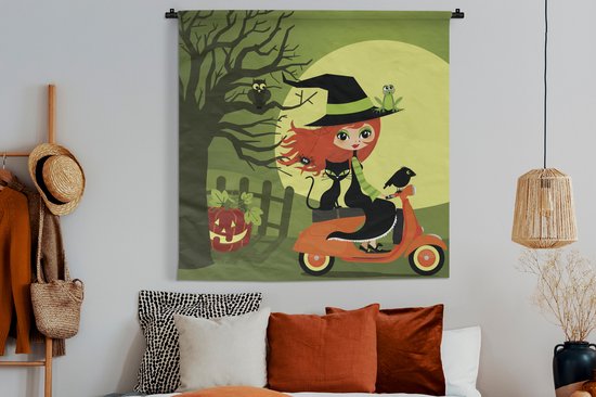 Tapisserie Illustration Vespa - Illustration d'une sorcière sur une Vespa Tapisserie coton 120x120 cm - Tapisserie avec photo