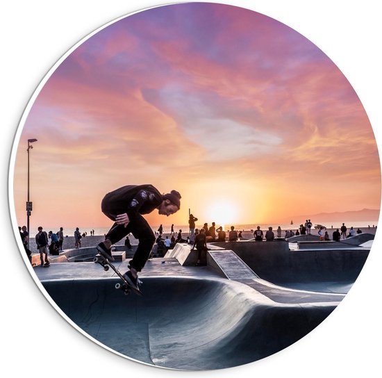 Forex Wandcirkel - Skater op Baan met Zonsondergang - 20x20cm Foto op Wandcirkel (met ophangsysteem)