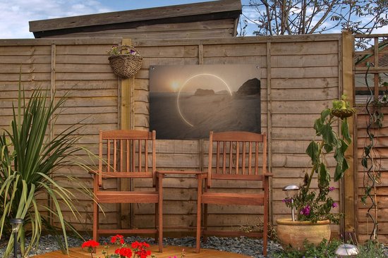 Cercle de néon sur affiche de jardin paysage rocheux toile lâche