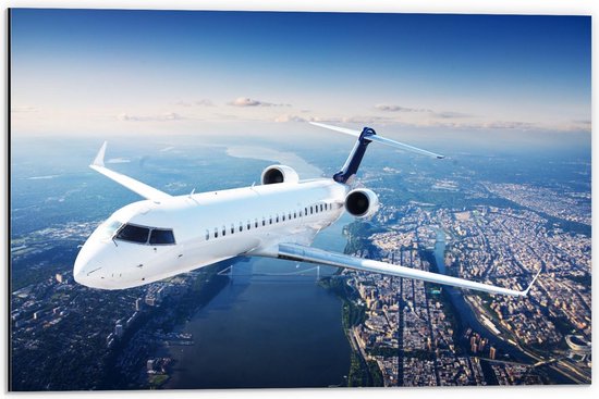 Dibond - Wit Vliegtuig boven Stad - 60x40cm Foto op Aluminium (Met Ophangsysteem)