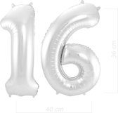 Ballon Cijfer 16 Jaar Zilver 36Cm Verjaardag Feestversiering Met Rietje