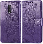 Butterfly Love Flowers Embossing Horizontale Flip Leather Case For One Plus 7 met houder & kaartsleuven & portemonnee & lanyard (donkerpaars)