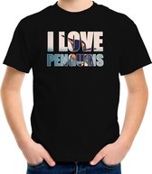 Tekst shirt I love penguins met dieren foto van een pinguin zwart voor kinderen - cadeau t-shirt pinguins liefhebber - kinderkleding / kleding M (134-140)