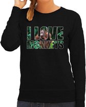 Tekst sweater I love monkeys met dieren foto van een orang oetan aap zwart voor dames - cadeau trui apen liefhebber L