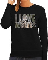 Tekst sweater I love wolves met dieren foto van een wolf zwart voor dames - cadeau trui wolven liefhebber L