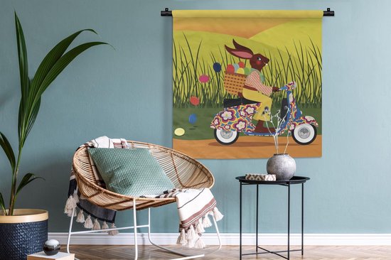 Tapisserie Illustration Vespa - Illustration du lapin de Pâques sur une Vespa Tapisserie coton 90x90 cm - Tapisserie avec photo