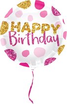 Folieballon - Happy birthday dots - Wit, roze, goud - 45cm - Zonder vulling