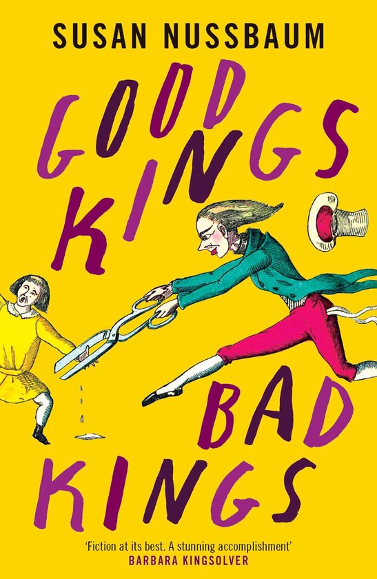 Boekcover met de titel GOOD KINGS BAD KINGS, waarop een figuur met een schaar een kind achterna zit.