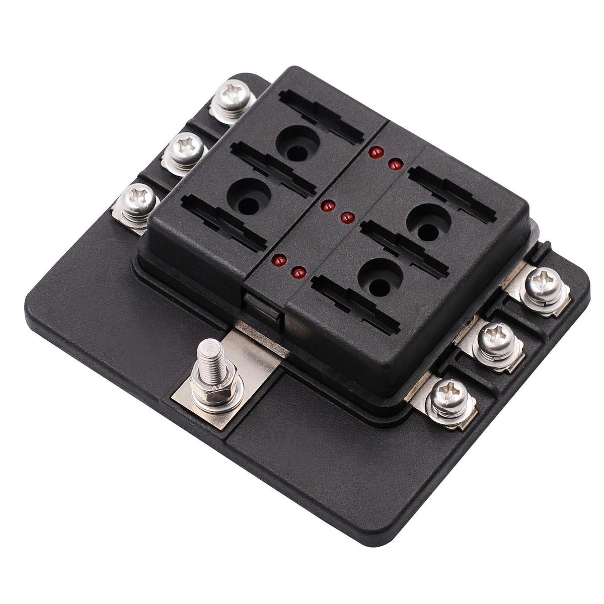 Generic 6-weg LED-bladzekeringkasthouderset voor Auto, Marineboot, Bestelwagen - Eenvoudige Identificatie - Past op Standaard Bladzekering - 4 Gaten Montage Generic 6-weg LED-bladzekeringkasthouderset voor Auto, Marineboot, Bestelwagen - Eenvoudige Identificatie - Past op Standaard Bladzekering - 4 Gaten Montage
