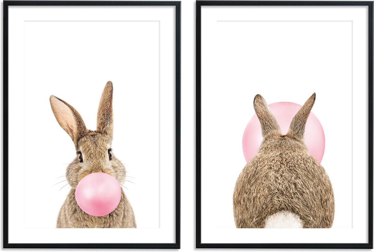 Kinderkamer posters – 2 stuks - 21x30 cm - Konijn met roze kauwgombel