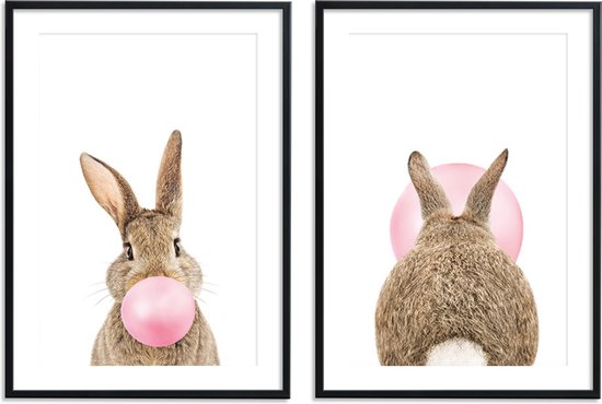 Kinderkamer posters – 2 stuks - 21x30 cm - Konijn met roze kauwgombel