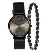 Lucardi Heren Gerecycled stalen set blackplated armband & horloge - Cadeau Set - Staal - Zwart