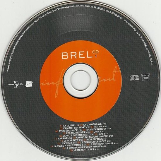 CD met de titel 'BREL CD 1 Infiniment' in oranje tekst op donkergrijze achtergrond. Titellijst zichtbaar.
