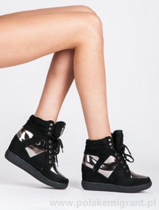 Dames Sneakers - Dames schoenen - Sleehak - Gouden Strepen - Wedge - Zwart  - Maat 36 | bol.com