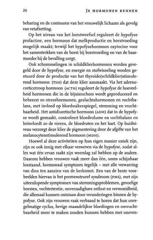 Tekstpagina uit boek over hormonen, met informatie over de hypofyse en borstbeving.