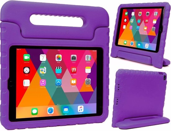 Paars iPad hoesje met handvat en standaard. Toont de voorkant, zijkant en achterkant.