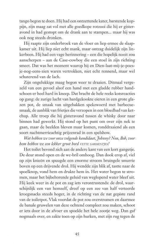Bladzijde met tekst over een toilet en een wild zwijn.