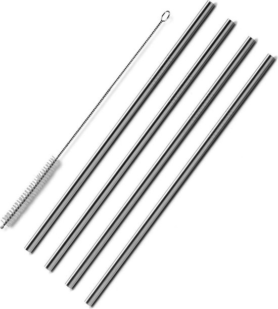 KELERINO. RVS/Stalen Drink Rietjes 4 rietjes en 1 schoonmaakborstel - Recht