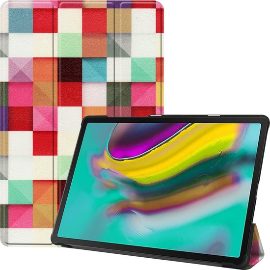 Étui pour tablette avec un motif coloré de blocs dans les tons rouge, jaune, bleu et violet, avec fonction de support.