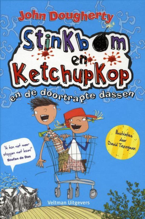 Kinderboek 'Stinkbom en Ketchupkop' met twee blije jongens in een winkelwagentje. Illustraties door David Tazzyman.
