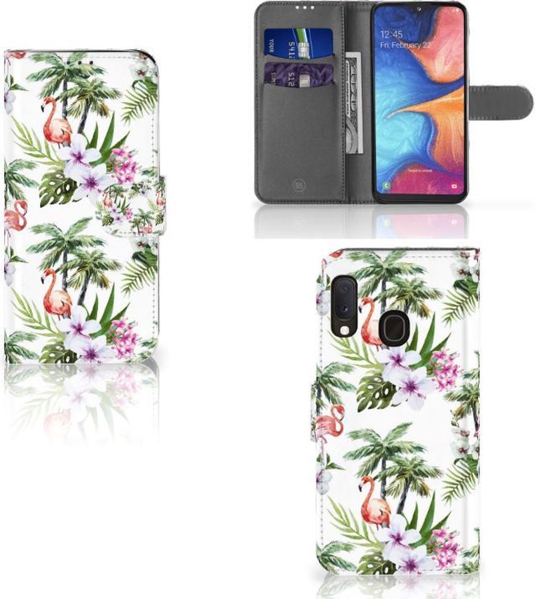 Samsung Galaxy A20e Telefoonhoesje met Pasjes Flamingo Palms