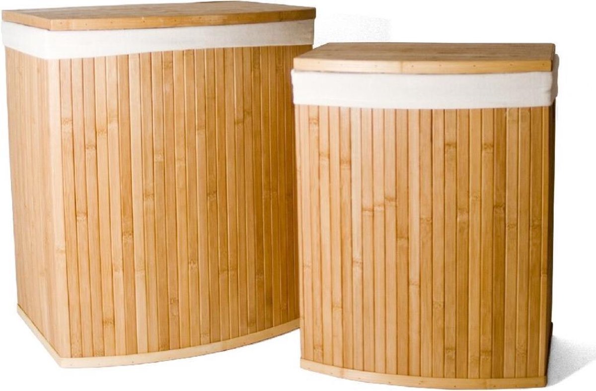 Set van 2 Bamboe Wasmanden incl. waszak met Deksel, Katoenen Zak en Handvaten – Gebogen voorkant -Naturel – 63L / 31L