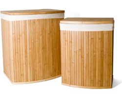 Set van 2 Bamboe Wasmanden incl. waszak met Deksel, Katoenen Zak en Handvaten – Gebogen voorkant -Naturel – 63L / 31L