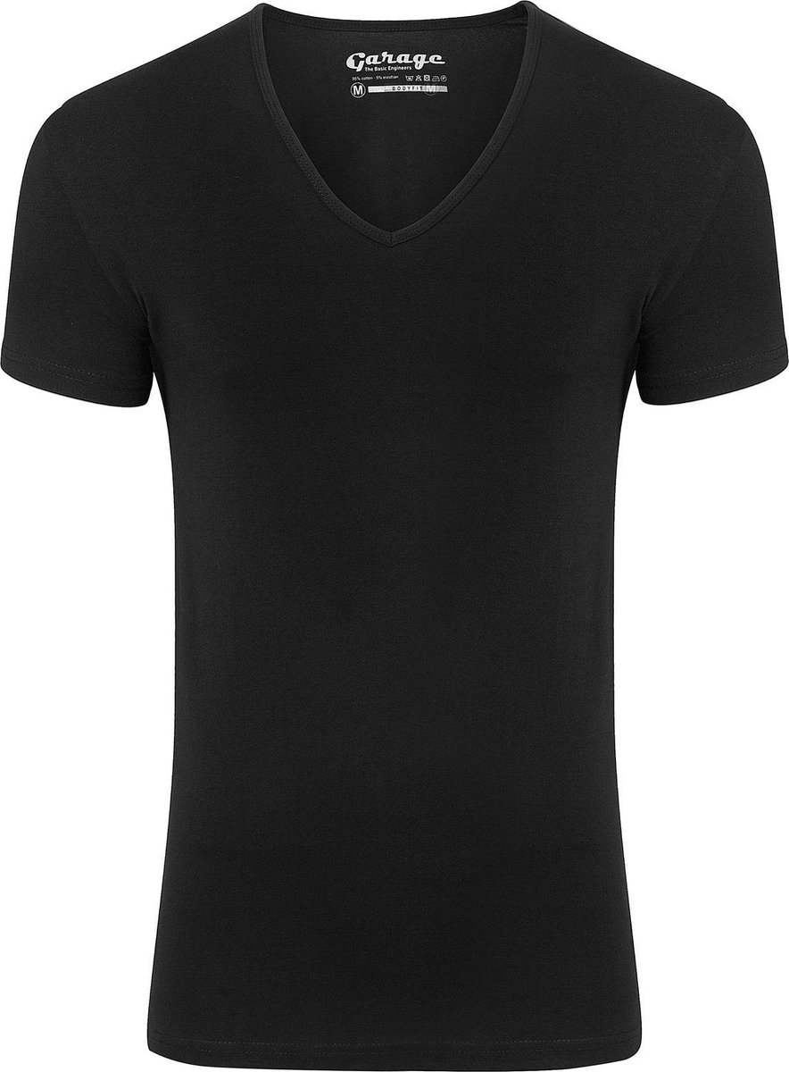 Garage 206 - Bodyfit T-shirt diepe V-hals korte mouw zwart S 95% katoen 5% elastan