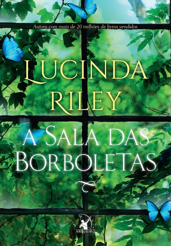 Boekomslag van Lucinda Riley's 'A Sala das Borboletas' met de titel in gele letters op een groene, bladerige achtergrond en blauwe vlinders.