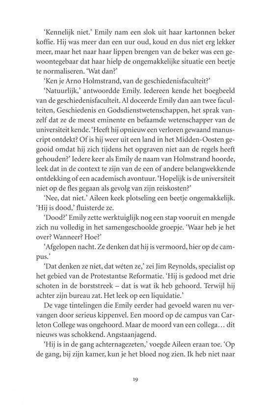 Tekstpagina uit 'De verborgen bibliotheek'. Emily is een studente. Begint met 'Kennelijk niet.'