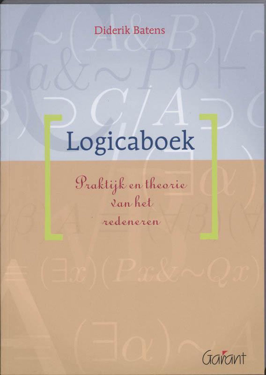 Voorkant van 'Logicaboek' door Diderik Batens, met logische symbolen op een blauwe en beige achtergrond.