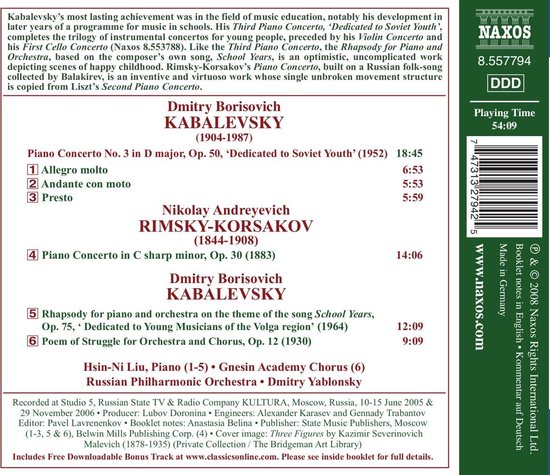 Achterkant van een Naxos cd-hoesje met de tracklist van Kabalevsky en Rimsky-Korsakov concerten.