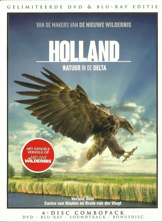 Gelimiteerde DVD & Blu-ray editie Holland Natuur in de Delta met een arend die naar de grond duikt boven een rietlandschap. Verteld door Carice van Houten en Bram van der Vlugt.
