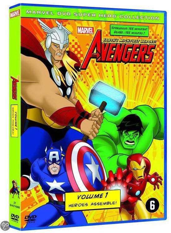 DVD cover met Thor, Captain America, Hulk, Iron Man en de tekst 'The Avengers - Volume 1 - Heroes Assemble!'.