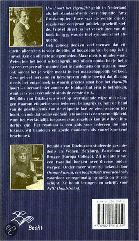 Achterkant van het boek 'De Dikke Ditz Hoe hoort het eigenlijk?' met twee portretten van Reinildis van Ditzhuyzen en informatie over de auteur.