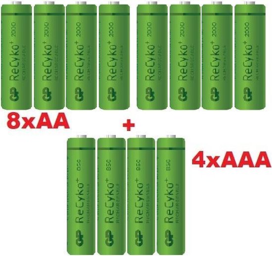 GP 8x AA + 4x AAA ReCyko+ Oplaadbare Batterijen - 12 stuks | bol.com